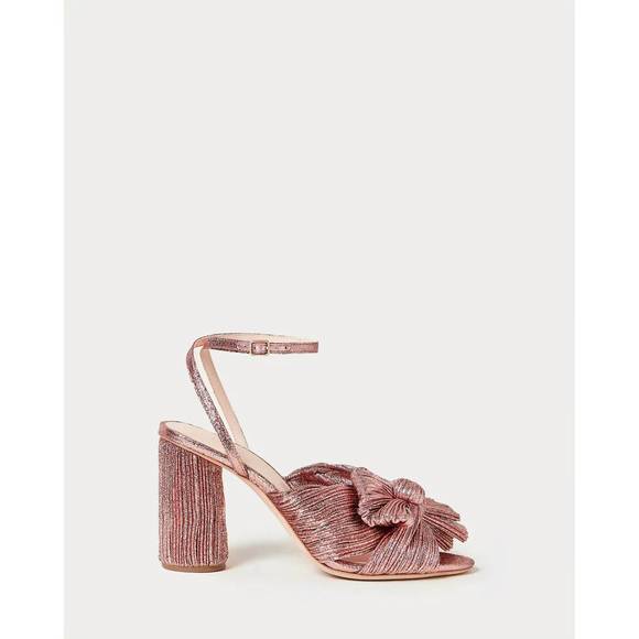 NEW LOEFFLER RANDALL women's camellia pleated bow heel sandal in metallic rose - Picture 2 of 5